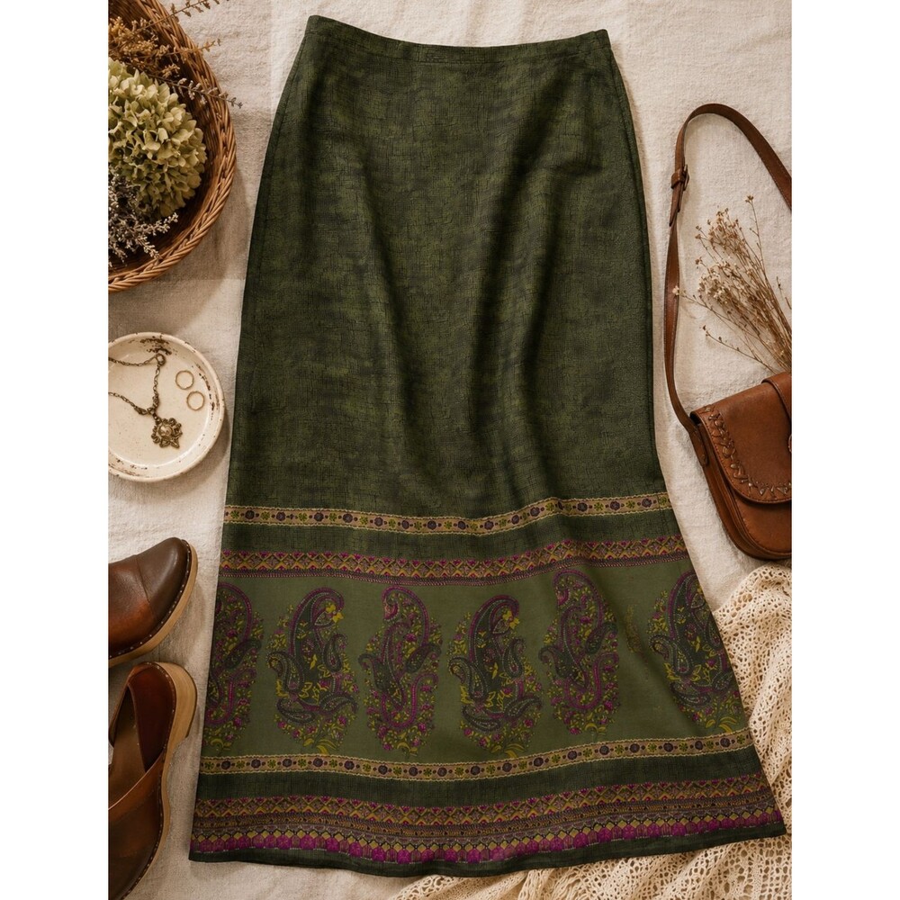 Vintage Valerie Stevens Petite 100% Silk Paisley Midi Skirt Olive Green Boho 8P